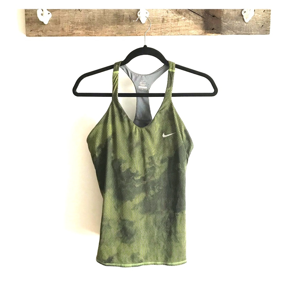 Nike Razorback Tank Built In Bra Green Yellow Black Abstract Design Medium M